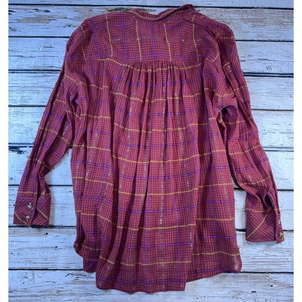 Free People Break My Stride Plaid Tunic Top Size Small Red Long Sleeve Oversized